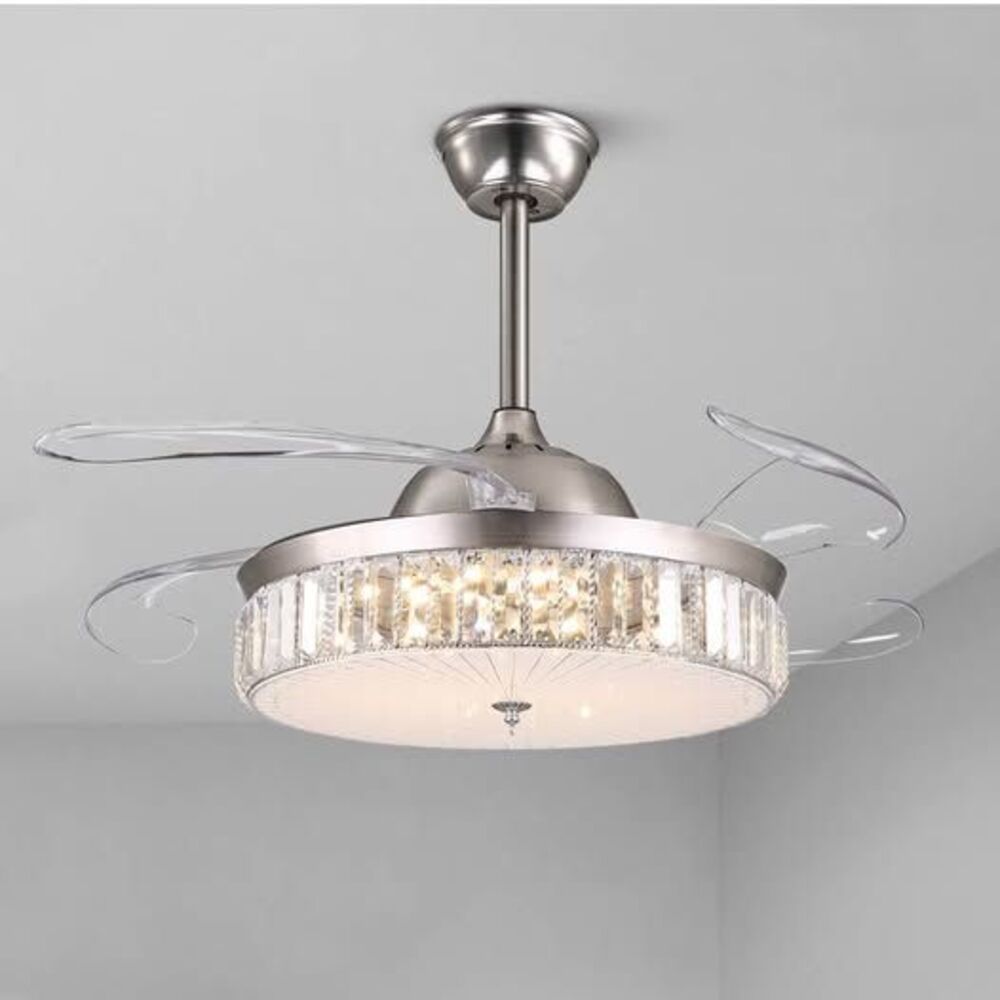 NEW 42” Crystal Retractable Ceiling Fan Brushed Nickel LED Chandelier Remote HY-